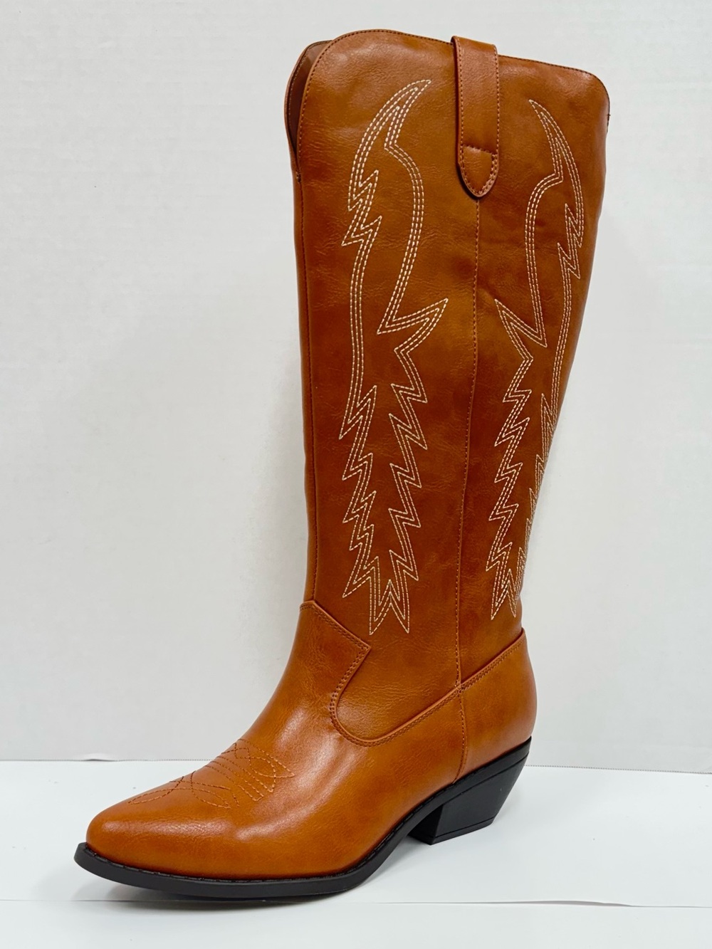 Soda Cognac Western Knee-High Boot with Embroidered Detail